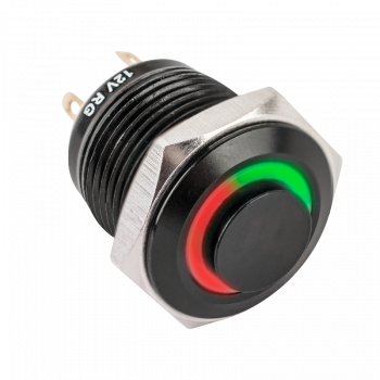 Kimagasló felületű nyomógomb kétszínű (piros zöld) LED-el, fekete színű gomb 16mm furattal - NO
