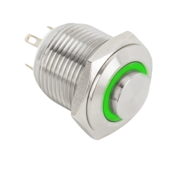 Kimagasló felületű nyomógomb 19mm furathoz - NO zöld LED gyűrűvel